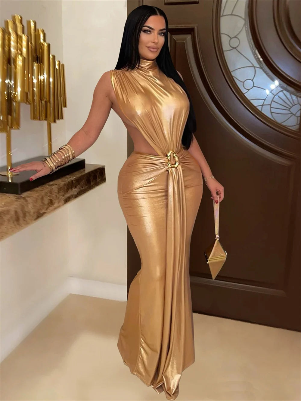 Hudson Square Side Split Ruched Sleeveless Waistless Silky Sexy Metal Button Ribbon Dress