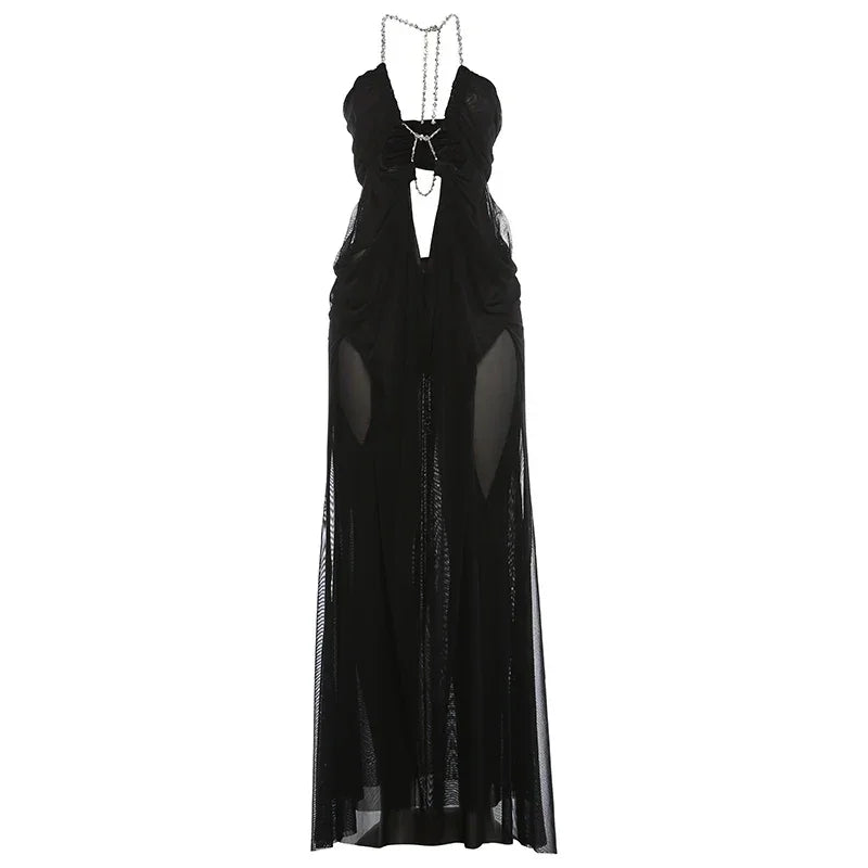 Pine Plains Sexy See Through Luxury Chain Halter Low Neck Backless Dress
