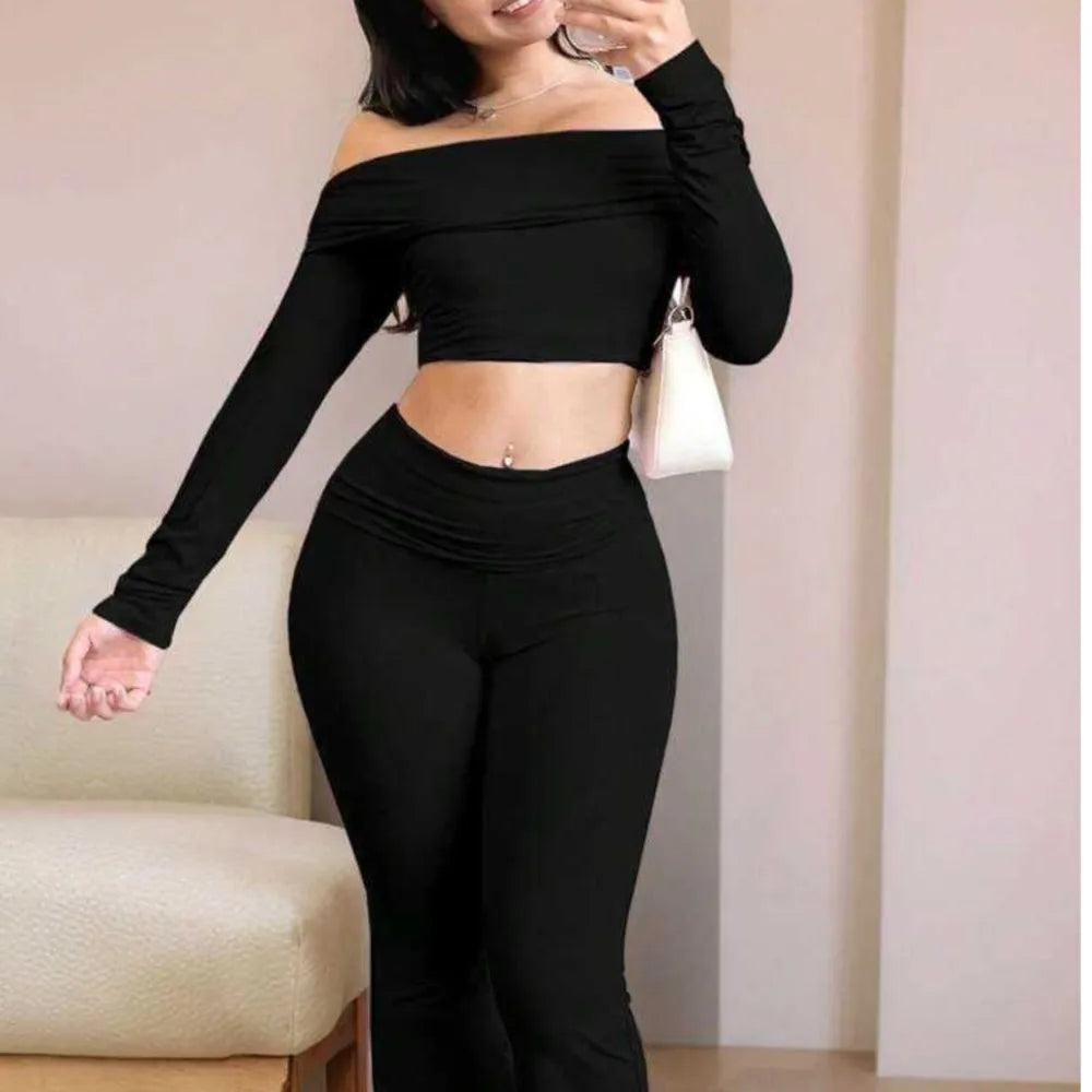Sandy Long-sleeved One-shoulder Trousers Two-piece Set