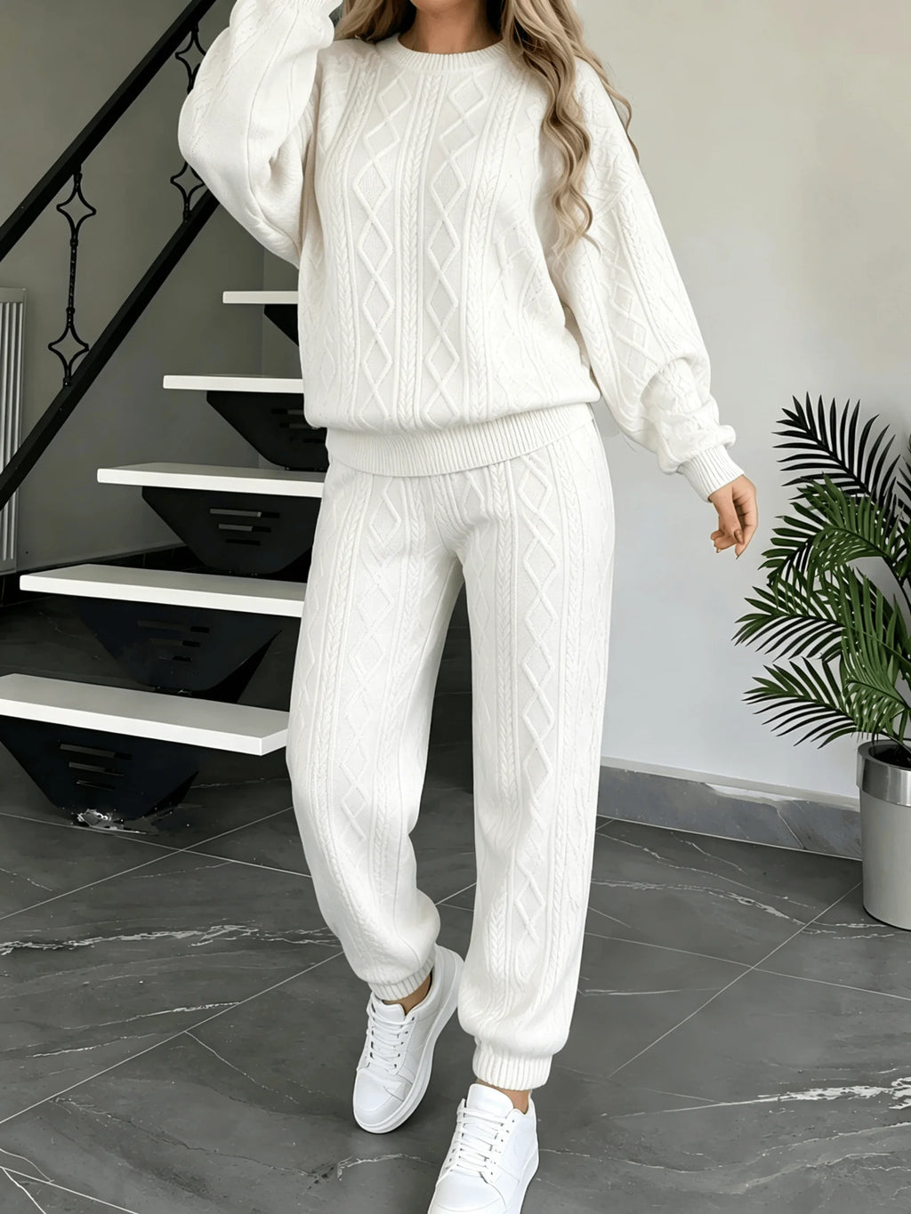 Wanda Cable Knit O‑Neck Long Sleeve Two Piece Sets