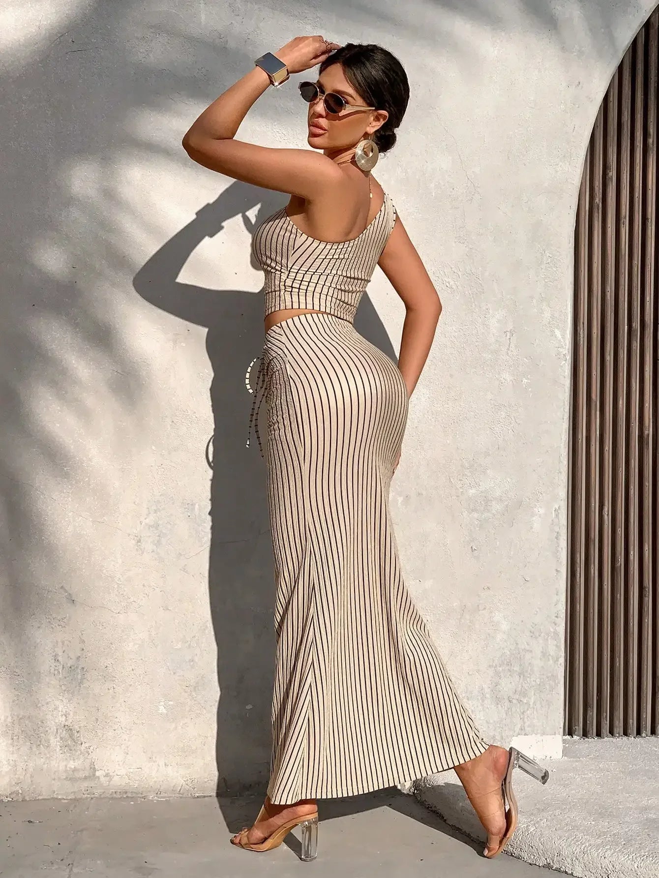 Durham Casual Stripe Shoulder Pleated Crop And Pleated Mermaid Two Piece Set