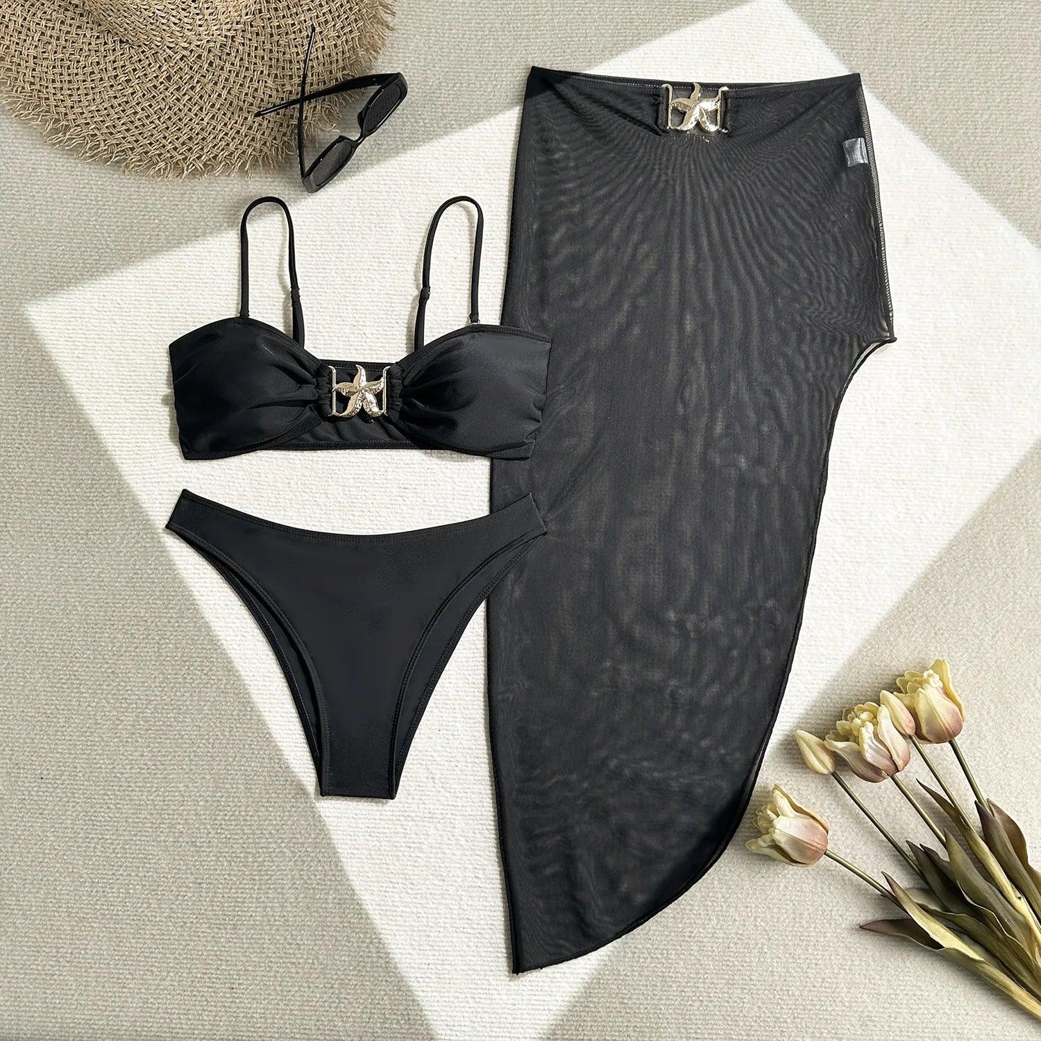 Peconic Starfish Ornament Push Up High Waist Swimsuit Beach Bathing Tree Pieces Set