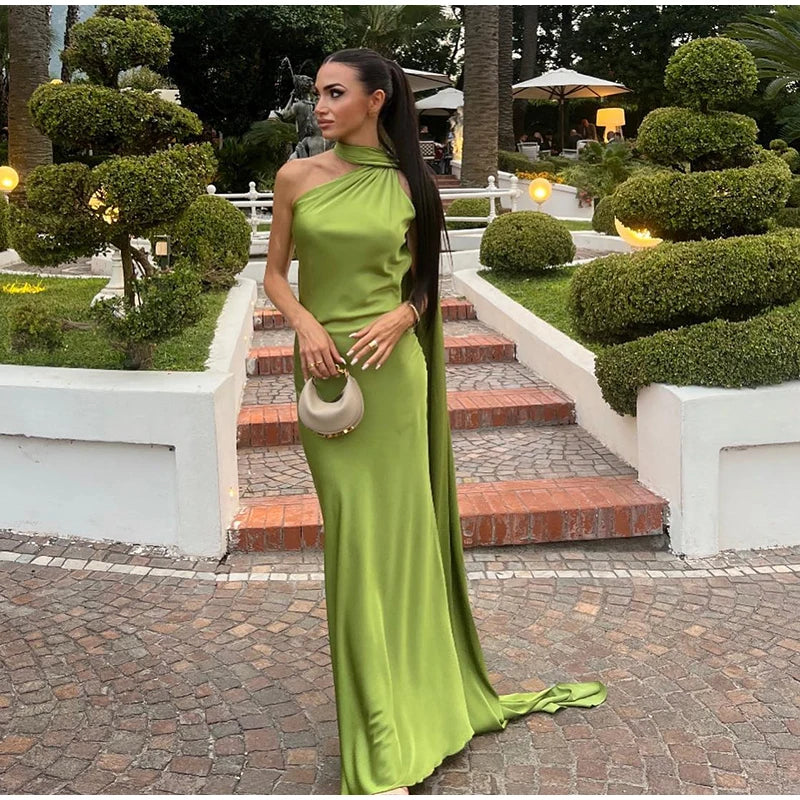 Califon Sexy Satin Ribbon Party Elegant Halter Backless Off Shoulder Sleeveless Maxi Dress