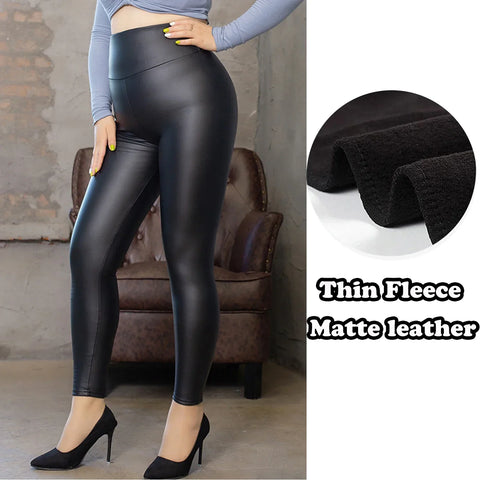 Red Bank PU Leather Leggings Leather Pencil Pants Female High Waist Sexy Skinny Thin Leather Trousers