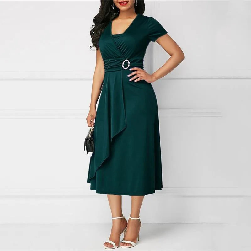 Seattle Solid Color Short Sleeve V Neck Asymmetric Hem Waist Midi Party Dress