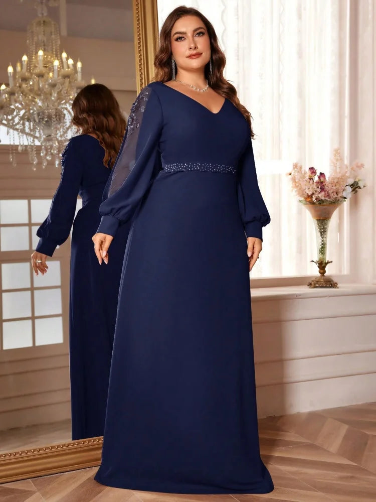 Cuba Plus Size Luxury V-Neck Blue Long Sleeves Sequins Formal Evening Dress