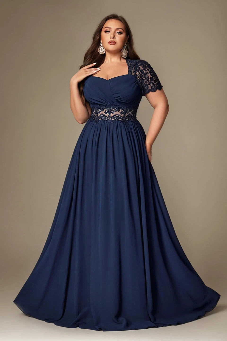 Paterson Plus Size A Line Lace Short Sleeved Formal Evening Gown Sheer High-Waisted Maxi Dress