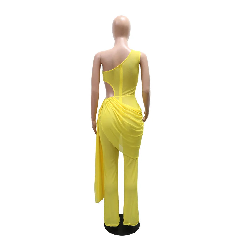 Alabama Mesh See Through One Shoulder Cutout Waist Jumpsuit Draped Overlay
