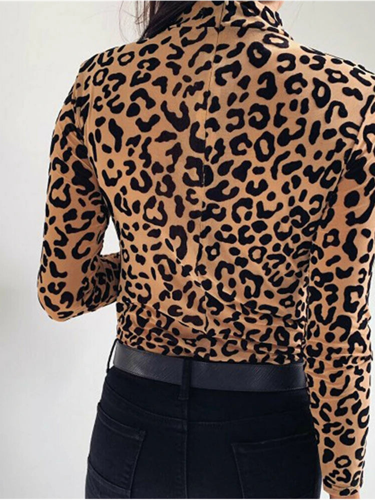 Hudson Yards Leopard Print Turtle Neck Blouse Autumn Long Sleeve Tops