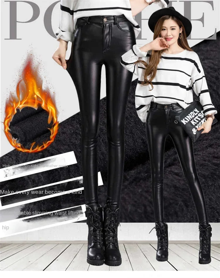 Green Pond PU Leather Leggings Pencil Pants with Thermal Lining Female High-Waisted Stretchy