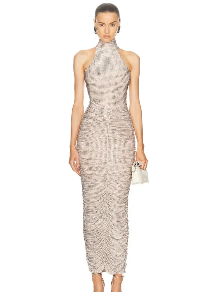 Yaphank Sleeveless Diamonds Backless Ruched Beige Maxi Long Dress