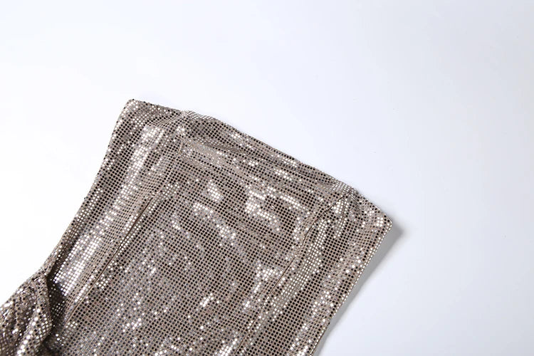 Irlanda Strapless Shiny Sequins Wrap Chest Backless Sleeveless Ruched High Splits Dress