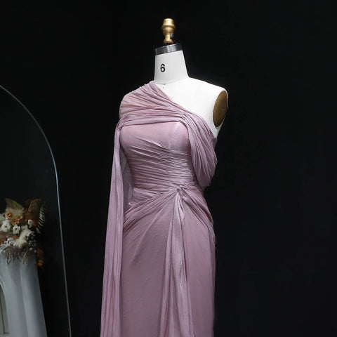 Mountainside Elegant One Shoulder Evening with Draped Cape Arabic Dress