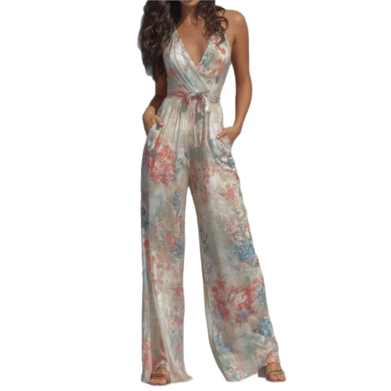 Fashion Elegant Long Jumpsuit Women Sexy Backless Wide Leg Jumpsuits Casual Sleeveless Floral Rompers Summer Clothes Jumpsuits