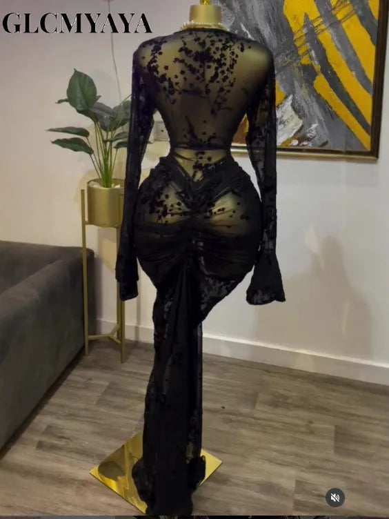 Peru Long Sleeve Stacked Mesh See Though with Lining Bodycon Long Dress