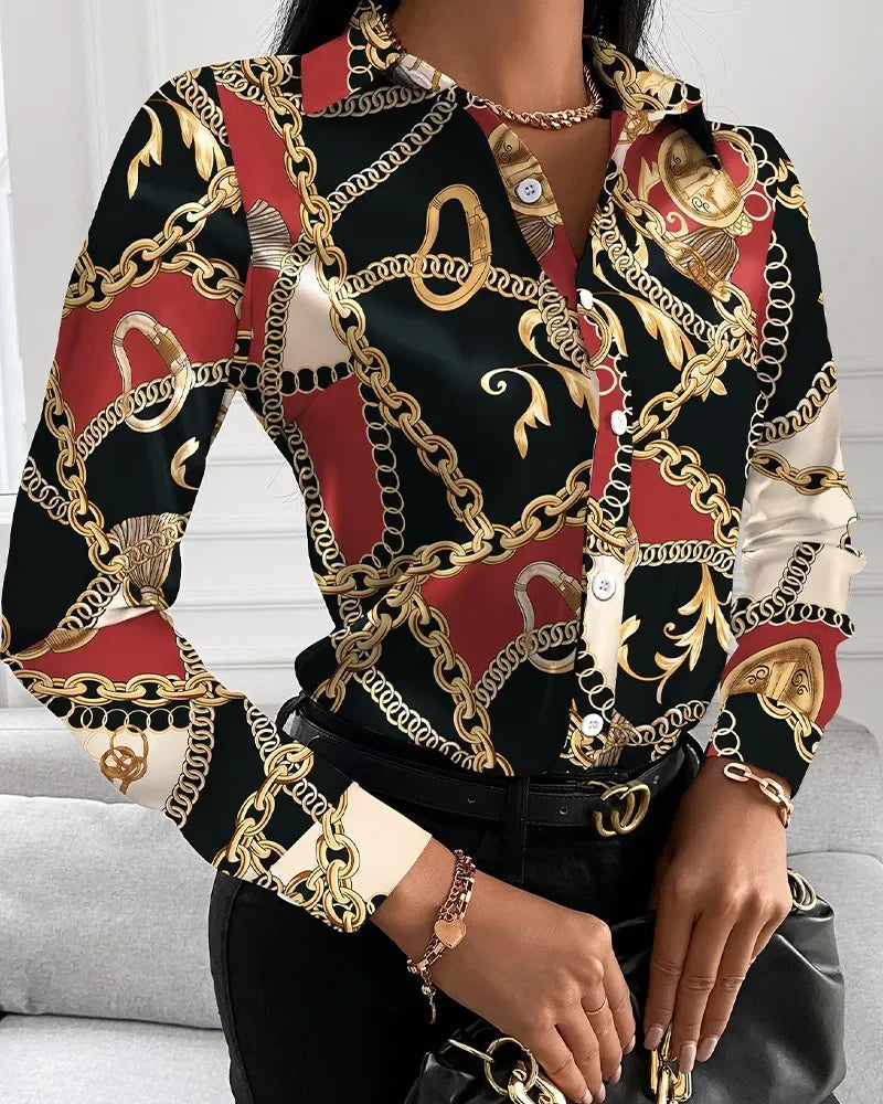Tamaqua Wild Geometric Square Print Turn-Down Collar Long Sleeve Blouses