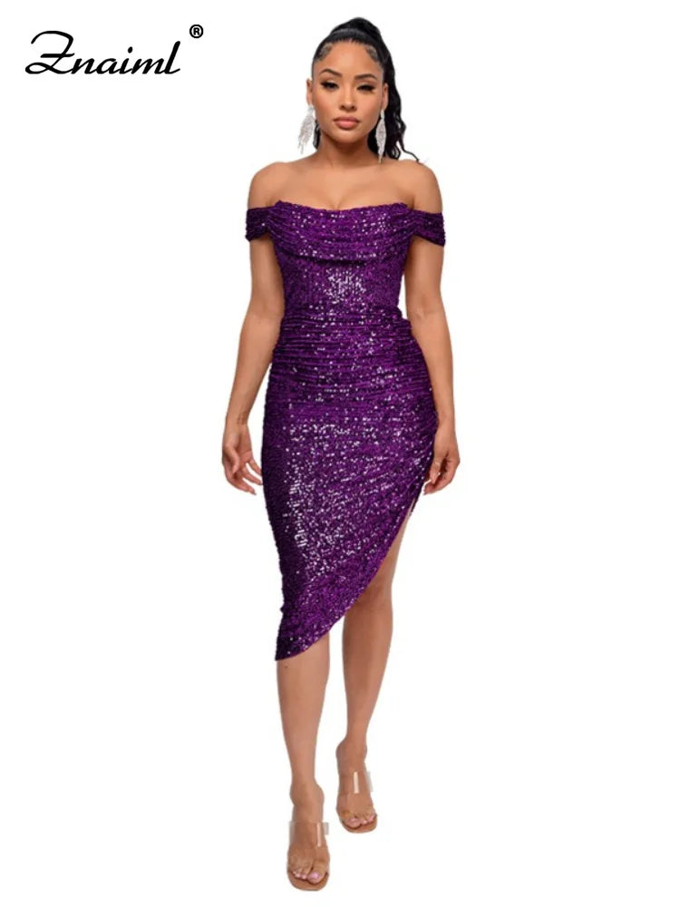 Virginia One Shoulder Bodycon Sparkly High Slit Midi Dresses
