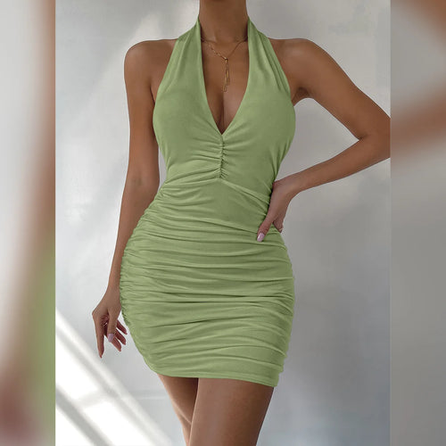 Colonia Deep V Evening Party Sleeveless Backlss Short White Halter Dresses