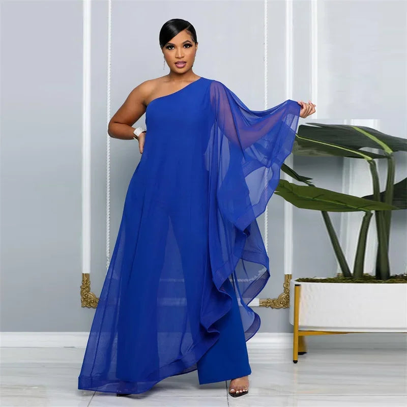 Oldwick Elegant Chiffon One Shoulder Wide Leg Jumpsuit