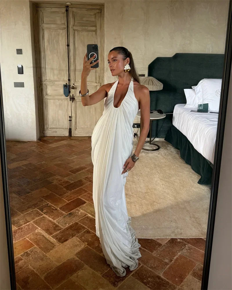 Elkins Mesh Halter Backless Sexy Gown Fashion Elegant V Neck Sleeveless Maxi Dress