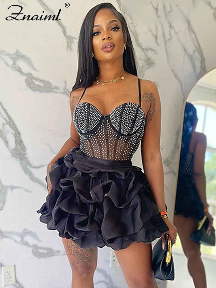 Elegant Christmas Mesh Sheer Patchwork Diamonds Rhinestone Mini Dress