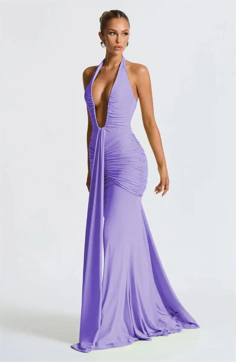 Deep V Neck Draped Ruched Sexy Halter Sleeveless Backless Club Party Long Dress