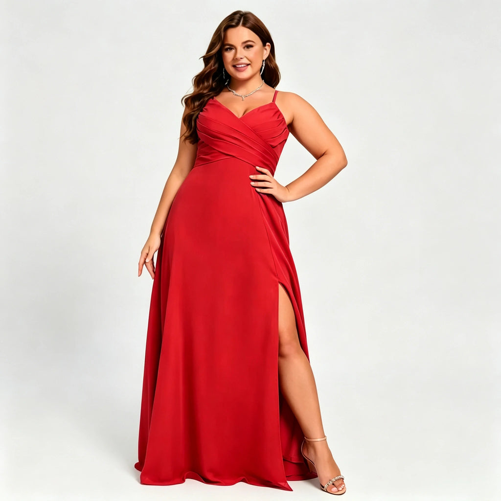 Lawrence Plus Size Chiffon Bridesmaid Dress Dusty Rose Crisscross Back Slit Formal Gown