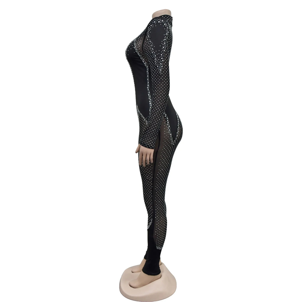 Upper West Sparkly Rhinestone Perform Costume Long Sleeve Sheer Mesh Jumpsuit