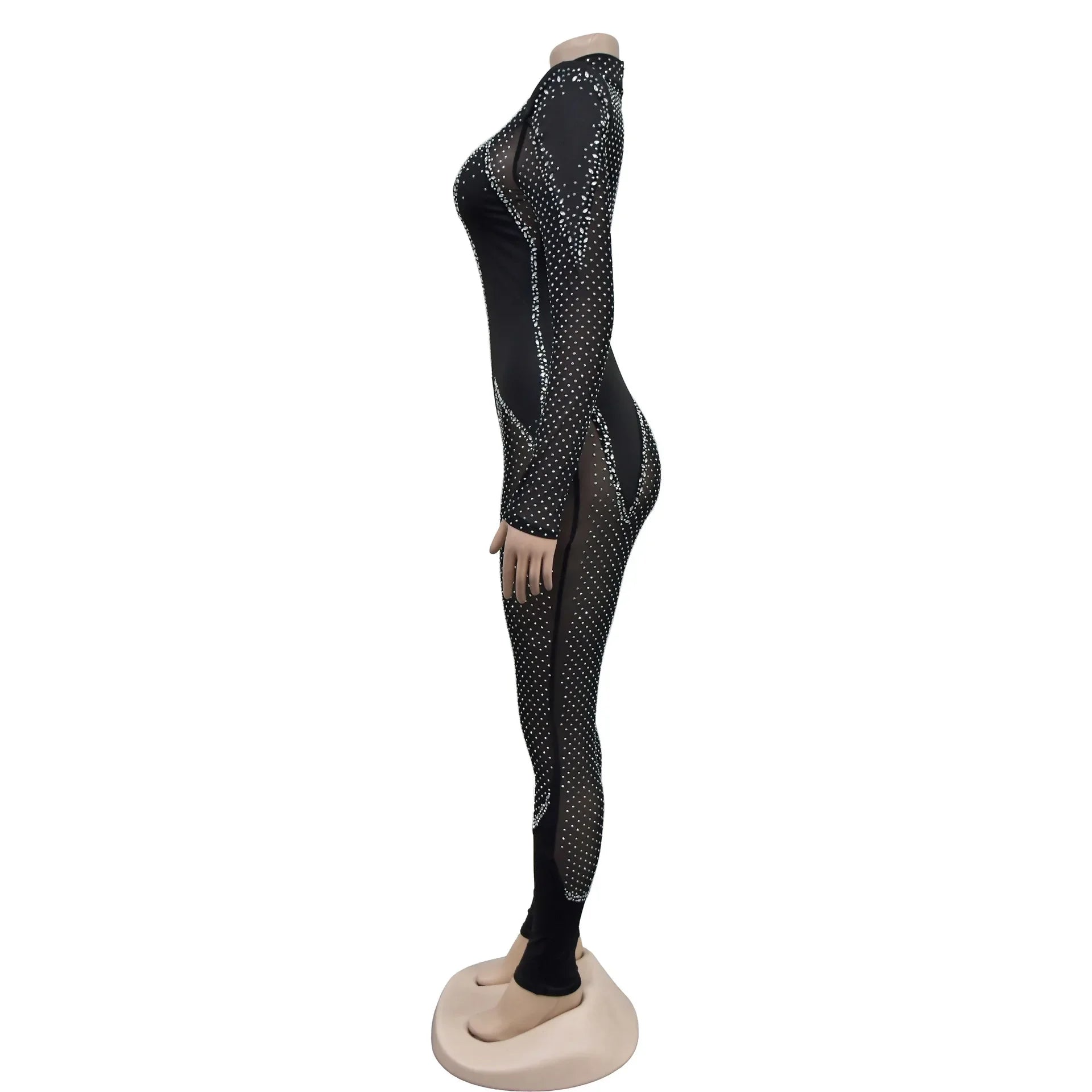 Upper West Sparkly Rhinestone Perform Costume Long Sleeve Sheer Mesh Jumpsuit