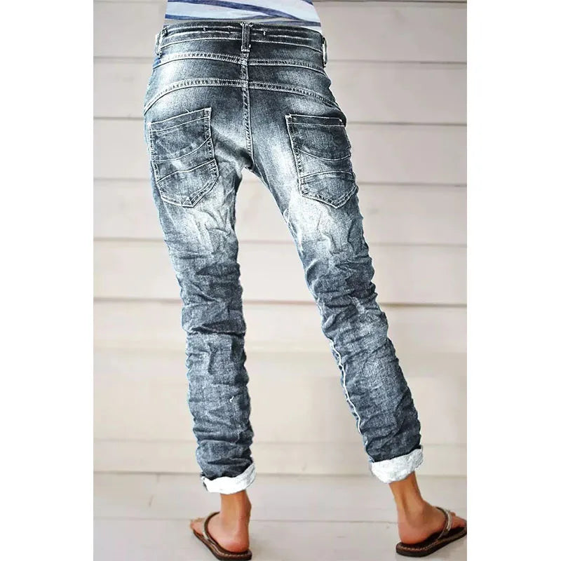 Jeans for Women Drawstring Elastic-waisted Jeans Casual Button Baggy Jeans