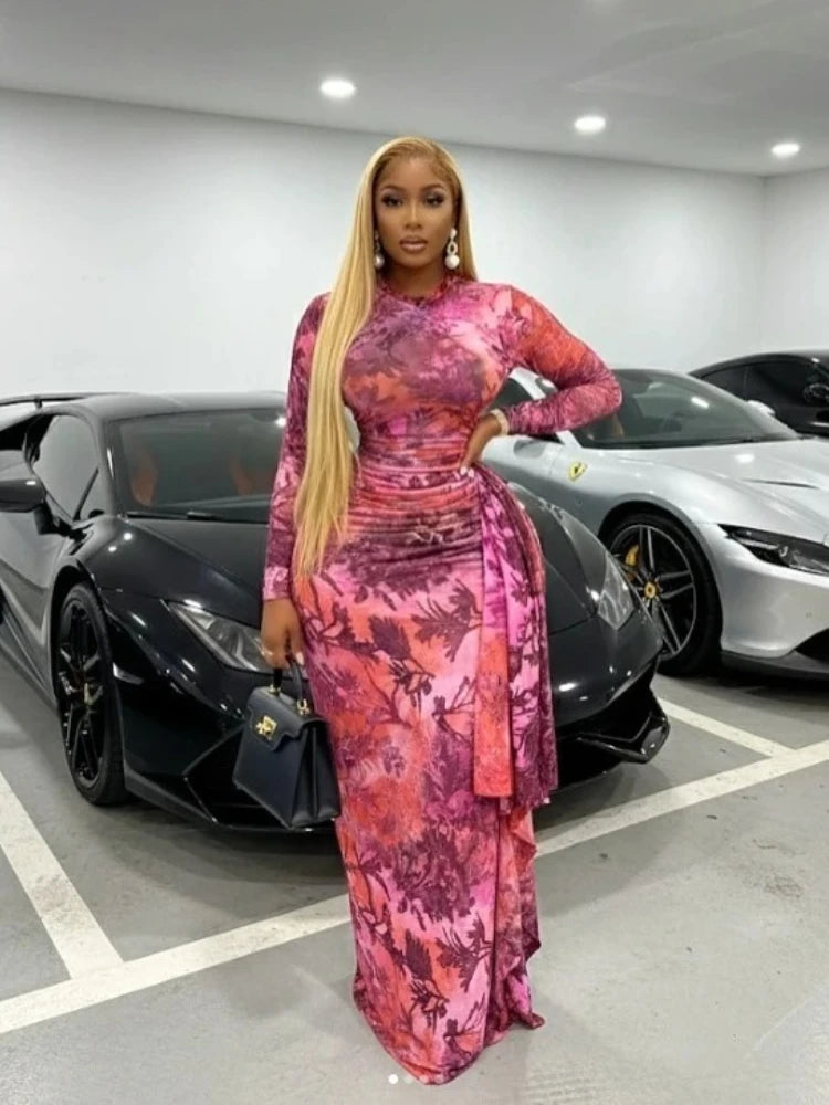 Print O-neck Ruched Ribbon Bodycon Long Dress
