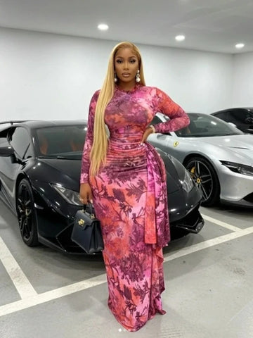 Print O-neck Ruched Ribbon Bodycon Long Dress