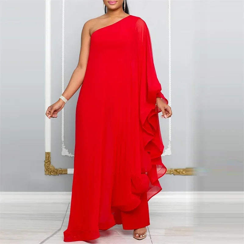 Oldwick Elegant Chiffon One Shoulder Wide Leg Jumpsuit