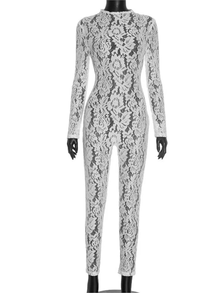 New Lots Sexy Lace Transparent Tight Long Sleeved Zipper Jumpsuit