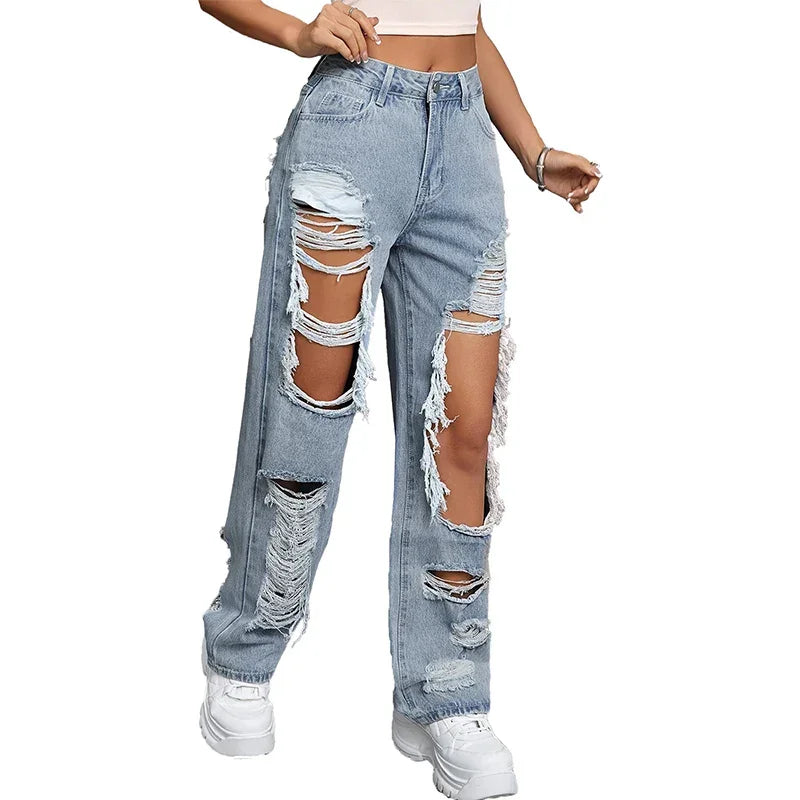 Harvey Cedar Light Washed Ripped High Waist Baggy Straight Leg  Denim