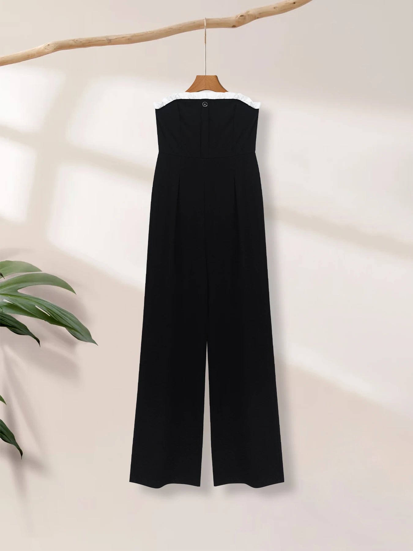 Warren Black Strapless White Ruffle Trim Wide Leg Chic Elegant Jumpsuit