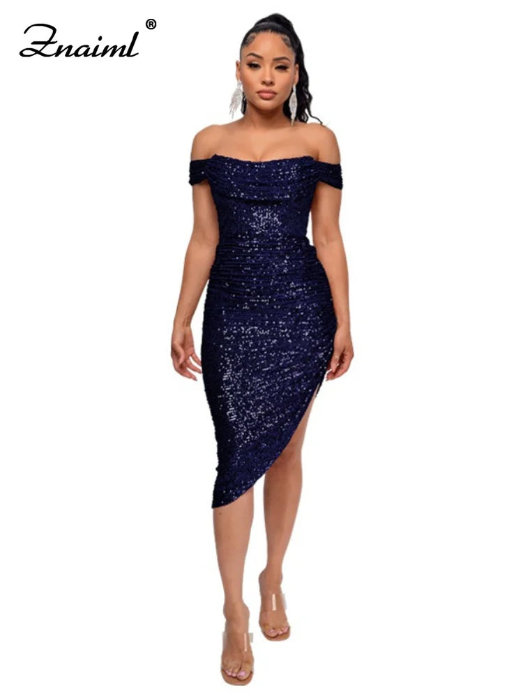Virginia One Shoulder Bodycon Sparkly High Slit Midi Dresses