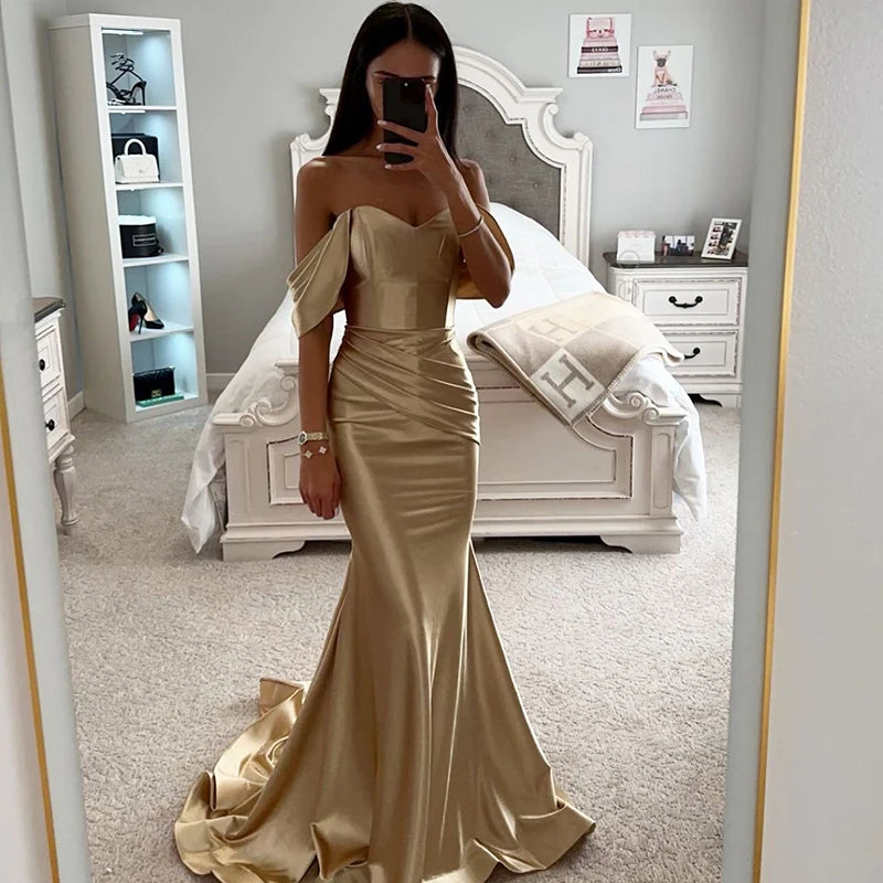 Verplanck Champagne Mermaid Prom Off The Shouler Satin Evening Dress
