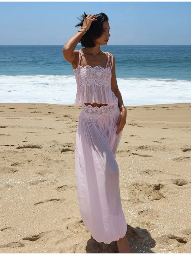 Fior Elegant Lace Square Neck Sheer Two Piece Sets