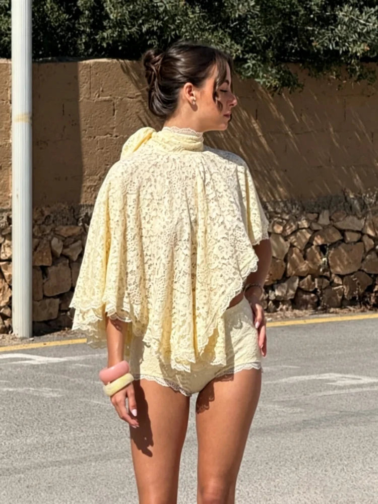 Alma Summer New Lace Backless Solid Two Piece Sets