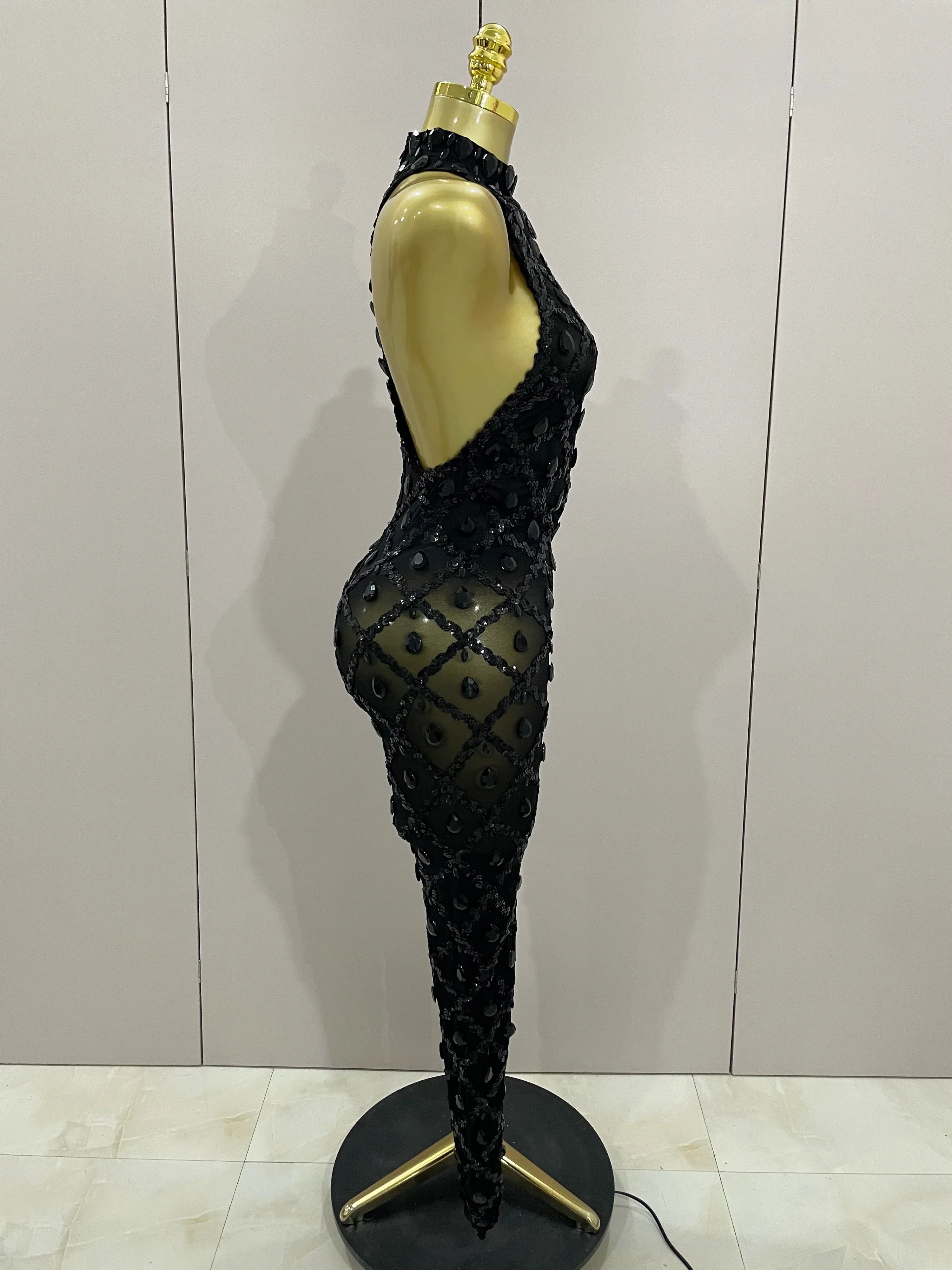 Scranton Sparkly Black Diamond Mesh See THhrough Jumpsuit