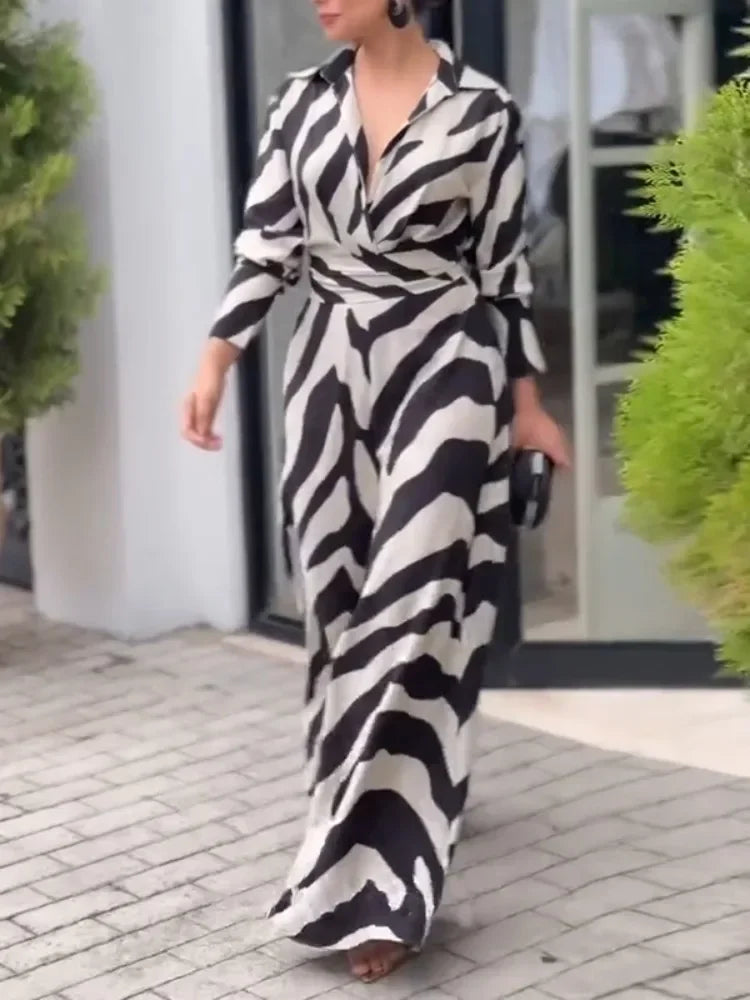 Troy Zebra Printed Wide Leg Lapel Jumpsuits Long Sleeves High Waisted