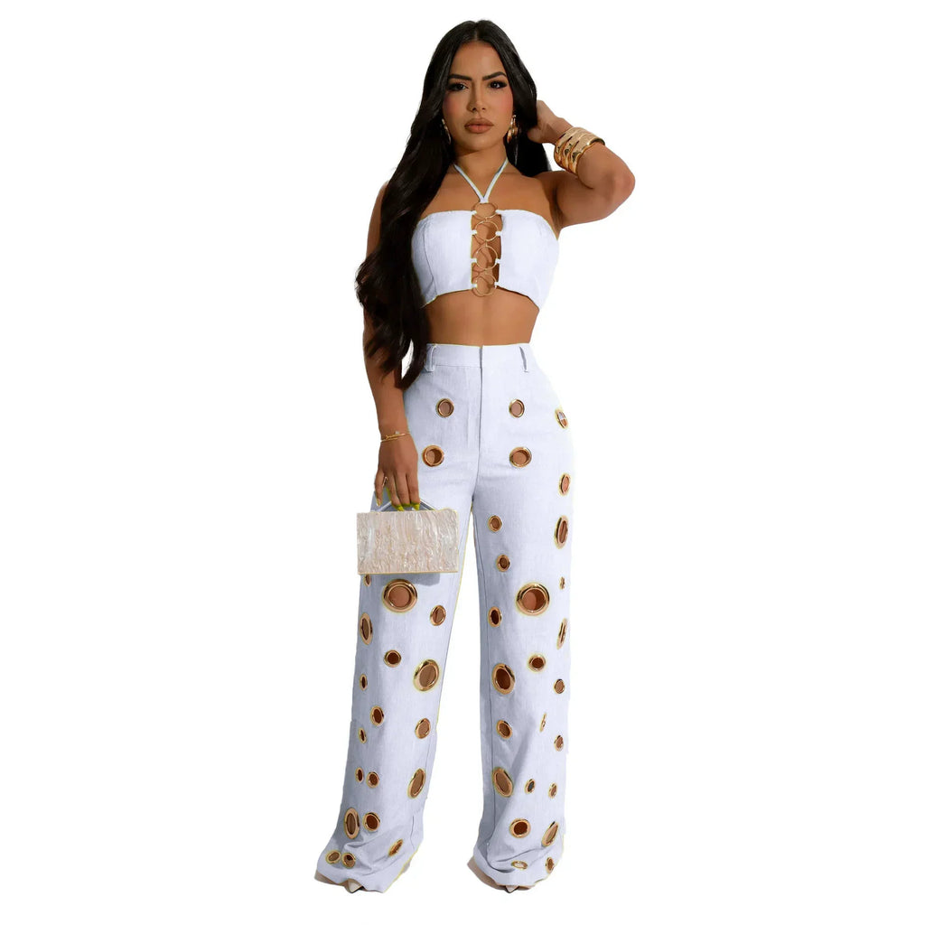 Beacon Falls Sleeveless Strapless Wide Leg Hole Hollow Out Two Piece Set