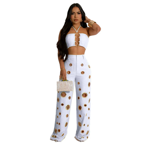 Beacon Falls Sleeveless Strapless Wide Leg Hole Hollow Out Two Piece Set