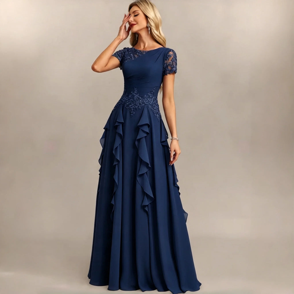 Dumbo Asymmetrical Neck Chiffon Bridesmaid Lace Sleeve Ruched Waist Cascading Dress