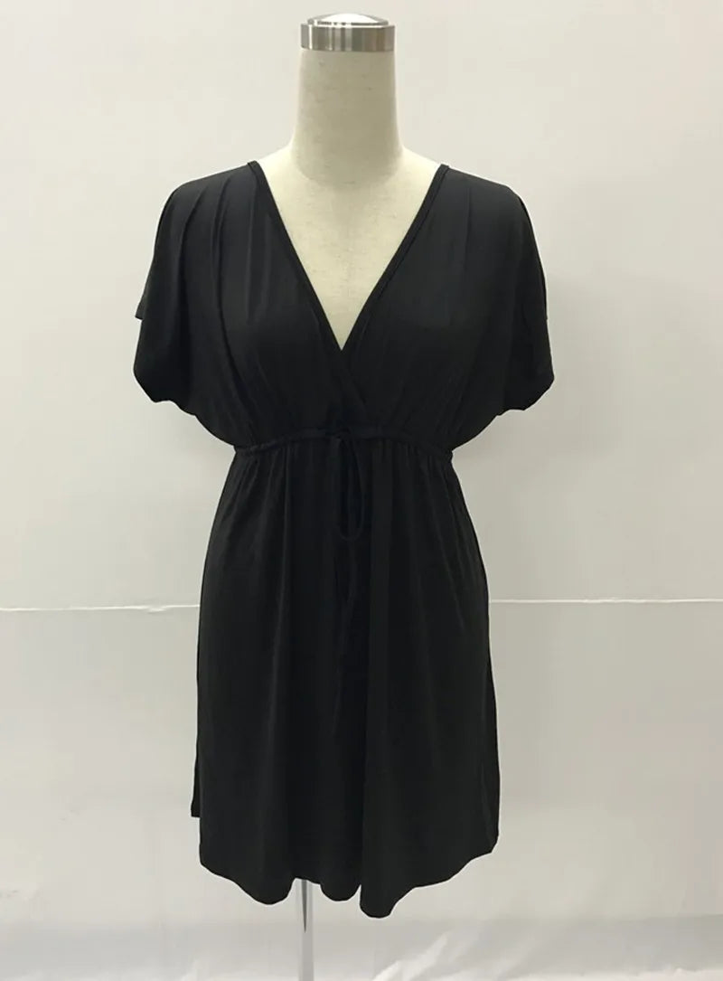 PLUS SIZE V Neck Sleeve Elastic Waist Frenulum Casual Loose Mini Dress