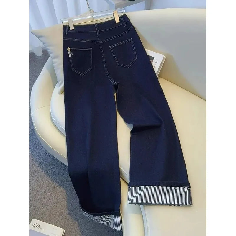 Women's Denim Jeans - Straight Leg with Striped Cuff Detail Classic Five-Pocket Design