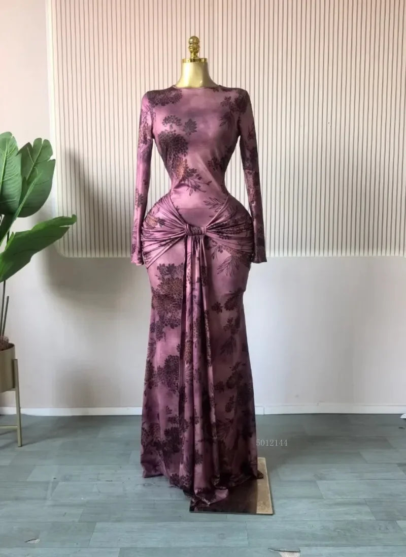 Beattystown Elegant Tie Dye Printed Skew Neck Flare Long Sleeve Ruched Maxi Dress