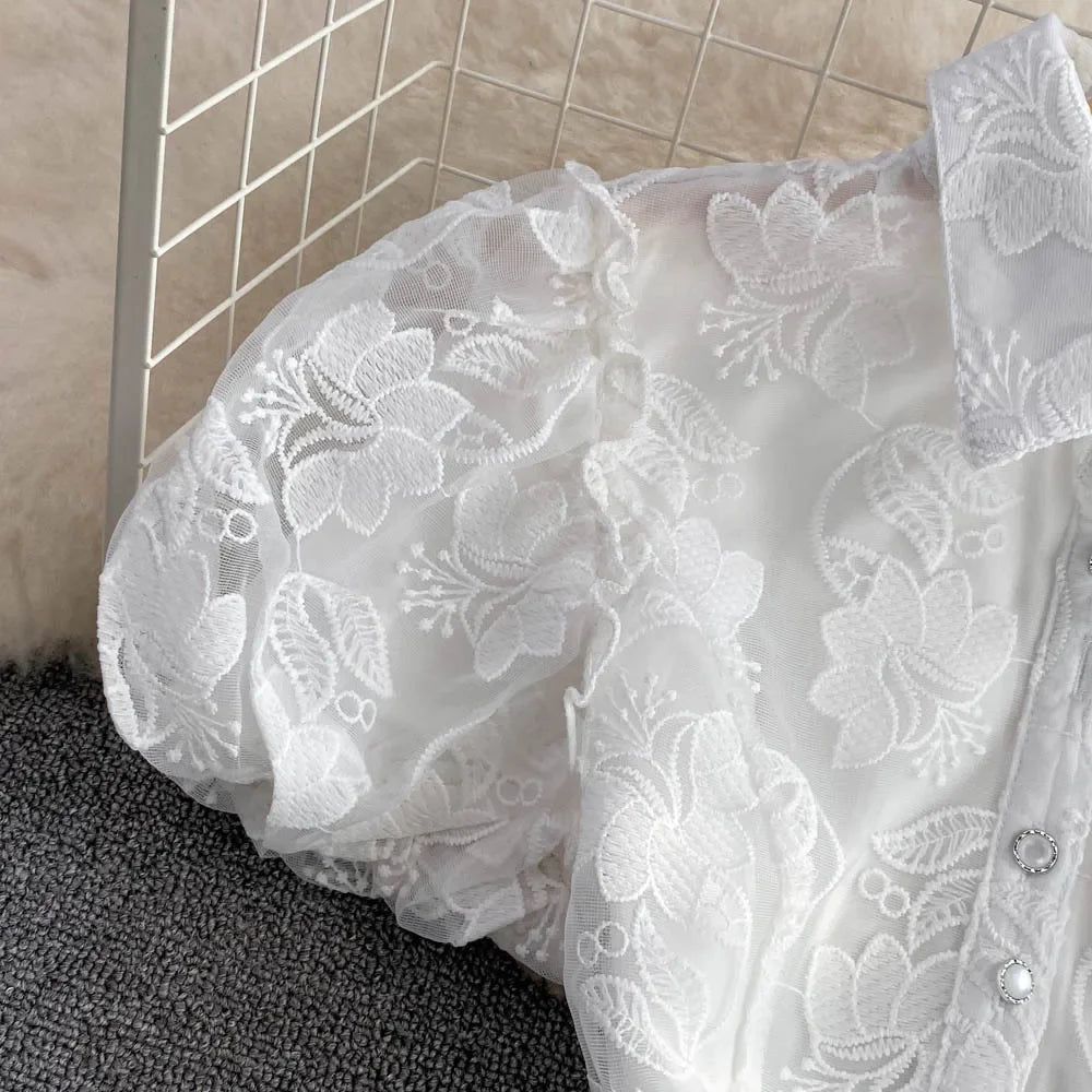 Lyndhurst Vintage Lace Gown Turn Down Collar Puff Sleeve Mini Dress