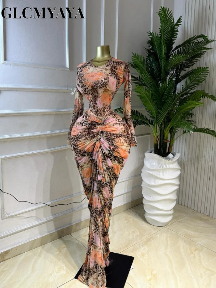 La Gloria Tie Dye Print Ruched Stacked Long Sleeve Bodycon Maxi Dress